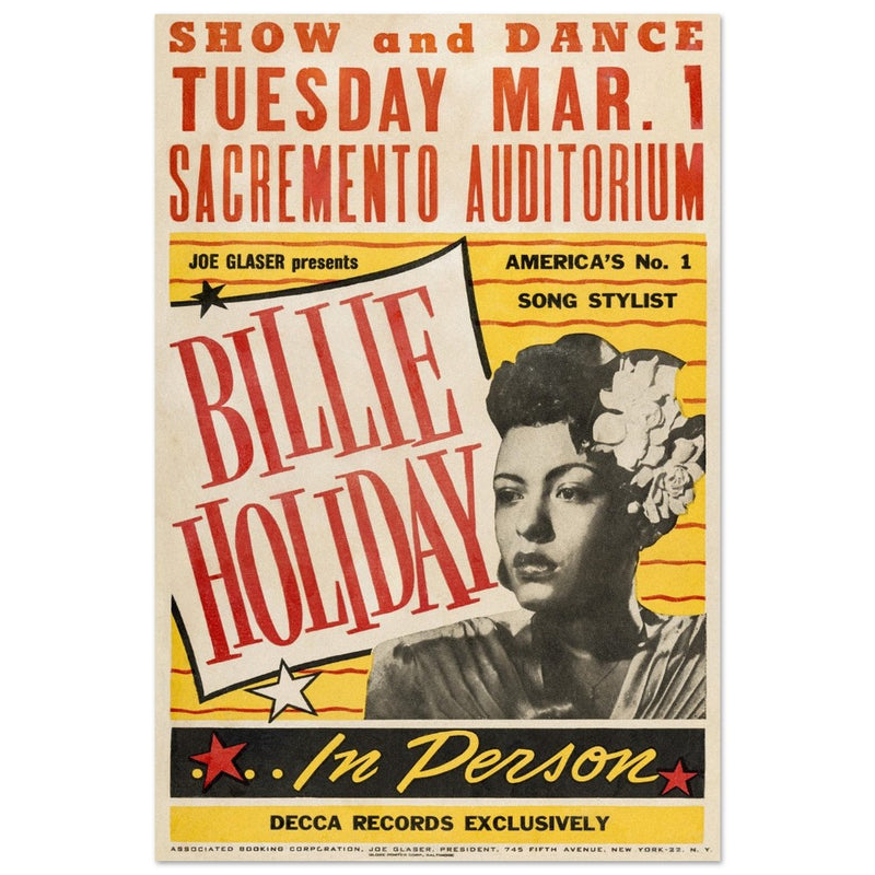 Billie Holiday vintage concert poster reproduction. Printed on Fine Art paper