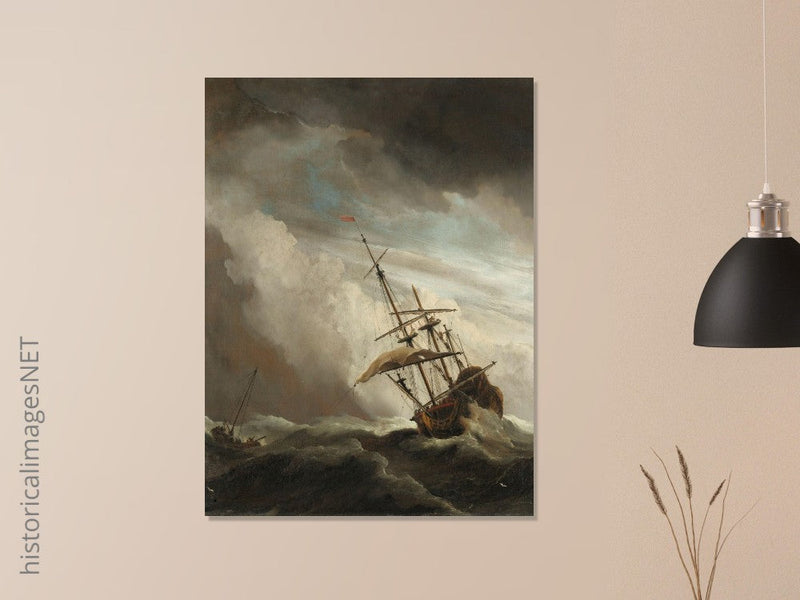 Willem van de Velde A Ship on the High Seas Caught by a Squall, Known as The Gust. Old marine painting. Stormy sea.