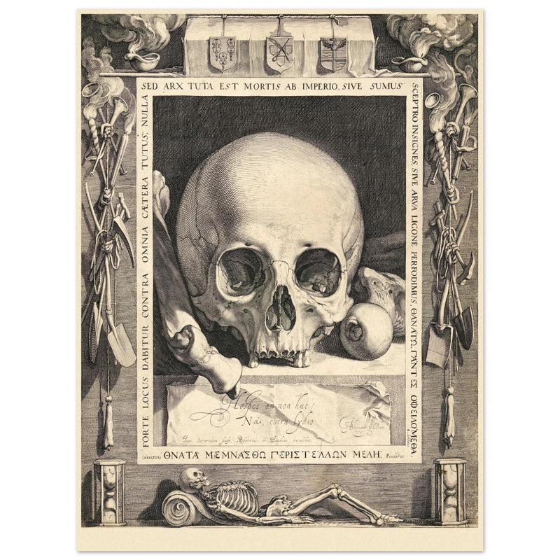 Memento Mori by Jan Saenredam, Abraham Bloemaertca.  Historical engraving .