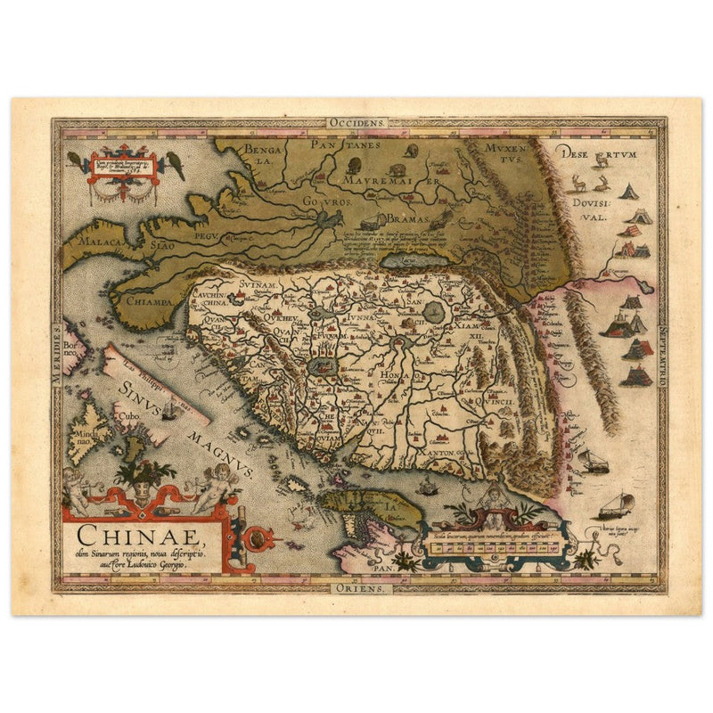 Ancient map of China by cartographer Abraham Ortelius 1584. Vintage historic map.