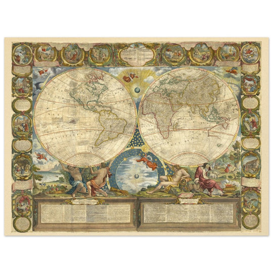 Beautiful illustrated world map of the XVIII Century. Vintage historic double hemisphere map.
