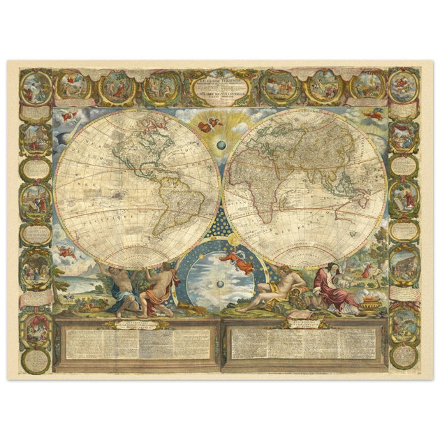 Beautiful illustrated world map of the XVIII Century. Vintage historic double hemisphere map.