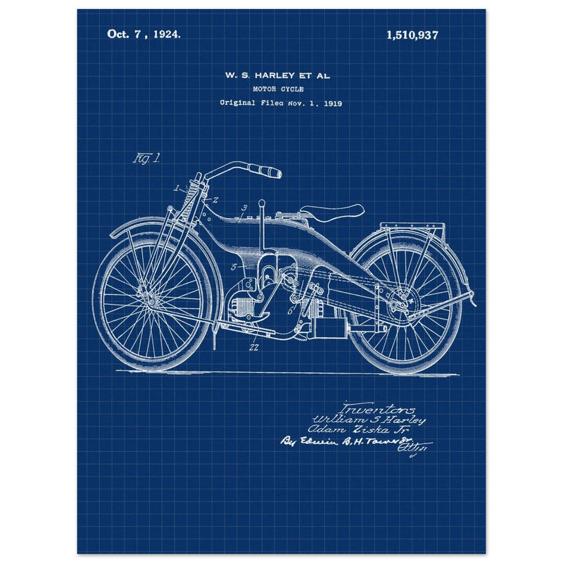 Vintage motorcycle patent by William S Harley founder of harley davidson.