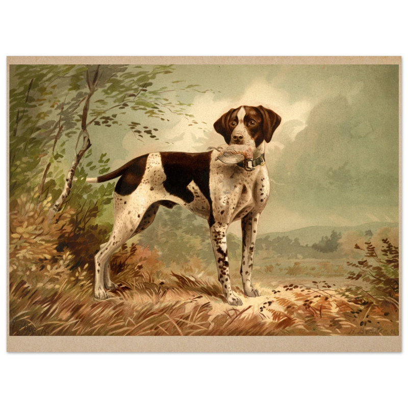 Hunting dog vintage painting poster with partridge in mouth