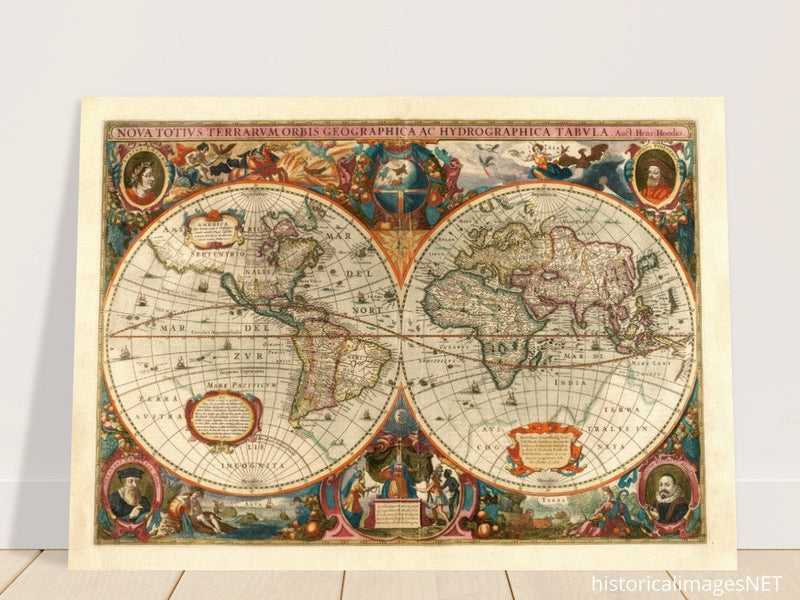 1638 Double hemisphere old world map by Hendrik Hondius.