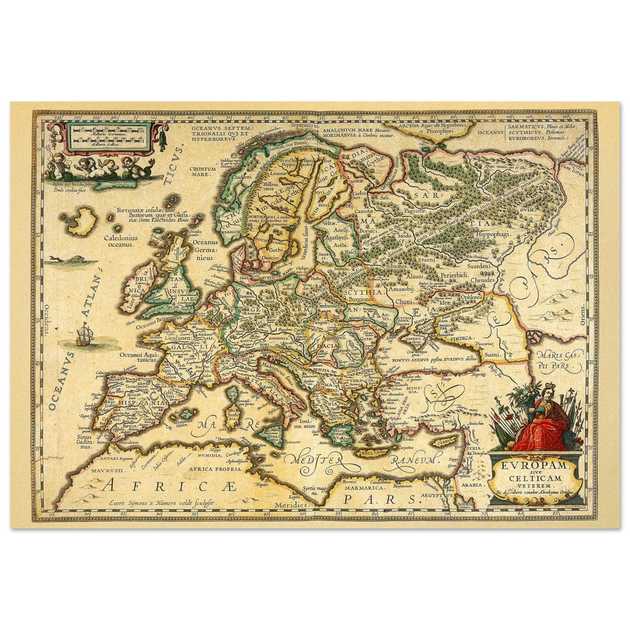 Ancient map of Europe print by Ortelius. Vintage old map reproduction poster..