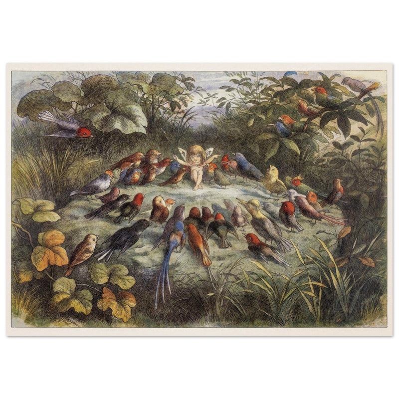 Richard Doyle illustration for Fairyland book. Elf teaching the young birds to sing