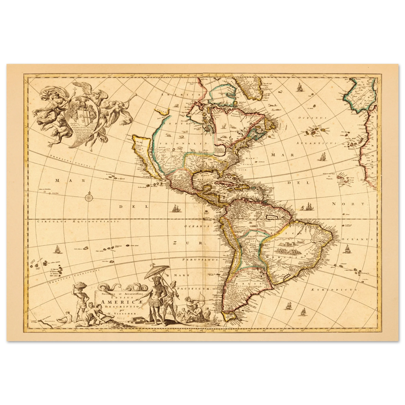 America ancient map. Novissima et accuratissima totius Americae descriptio by Nicolaes Visscher