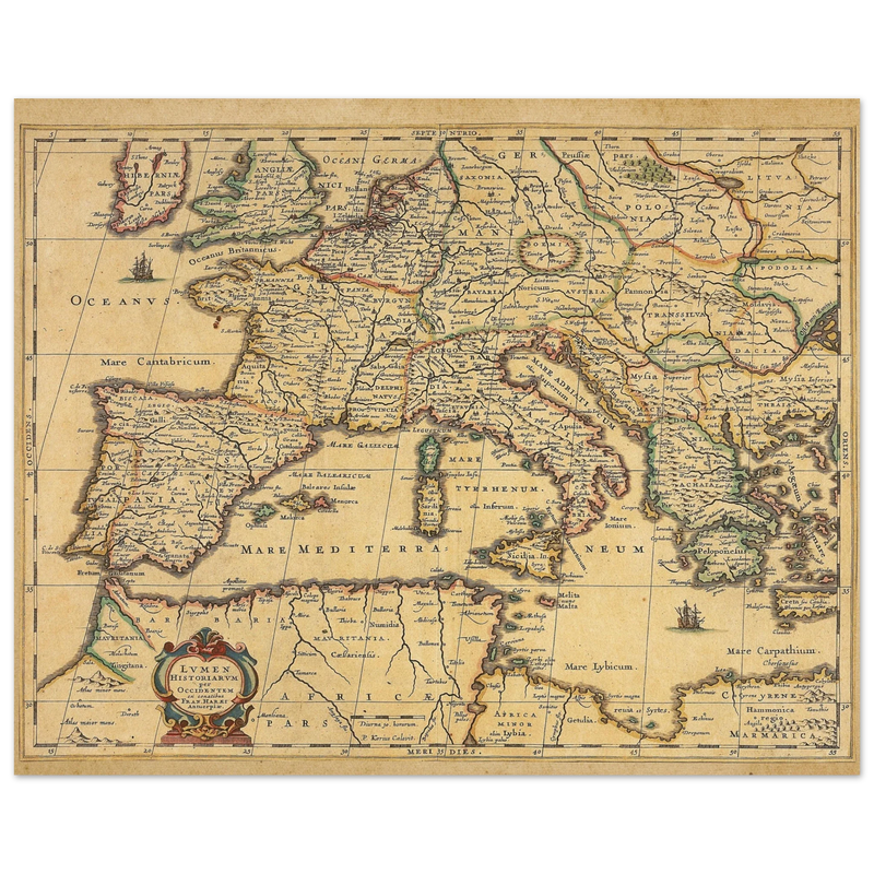 Ancient Europe map print from 1650. Lumen Historiarum per Occidentem by Petrus Kaerius