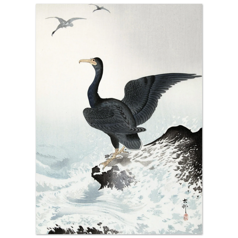 Ohara Koson Red-faced cormorant on rock, woodblock print  art