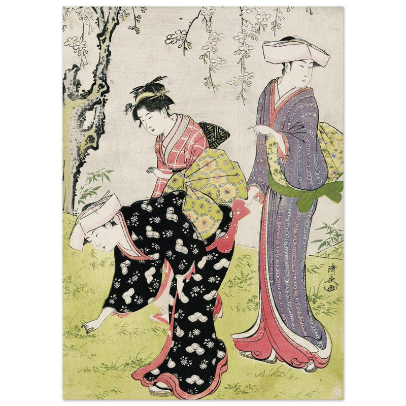 Two women and a girl under a blossoming cherry tree by Torii Kiyonaga XVIII Century Woodblock print reproduction .