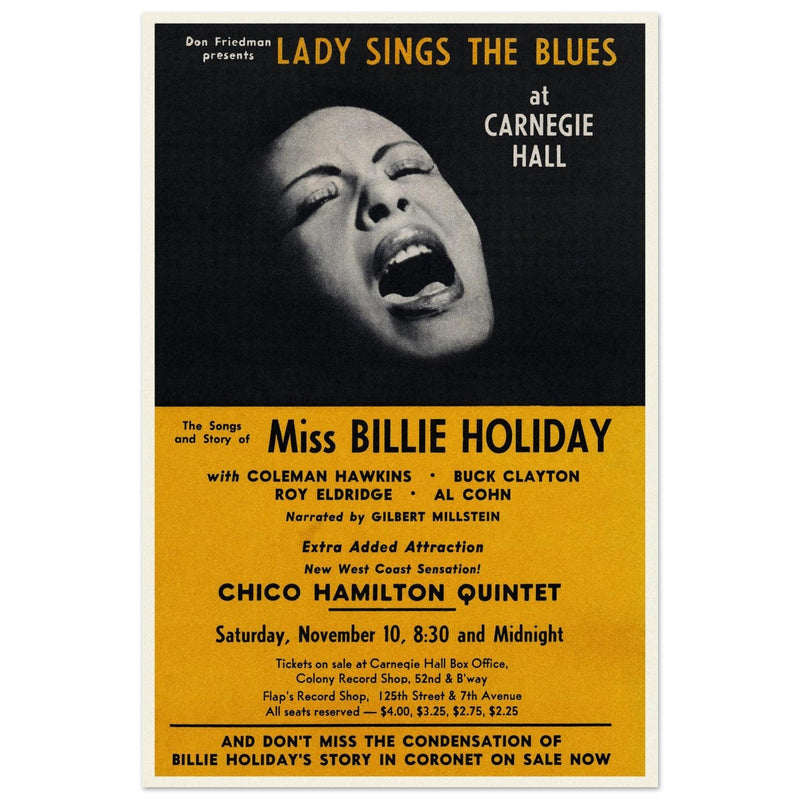 Billie Holiday music poster of her concert at Carnegie Hall in 1956.
