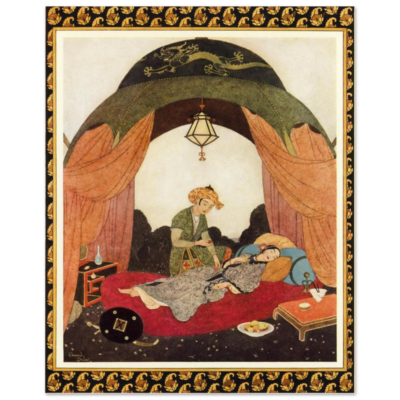 Edmund Dulac and one of his illustration for Princess Badoura fairy tale. Camaralzaman Finds the Talisman .