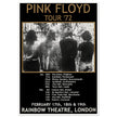 Pink Floyd music concert poster part of tour 72 Rainbow Theatre London.