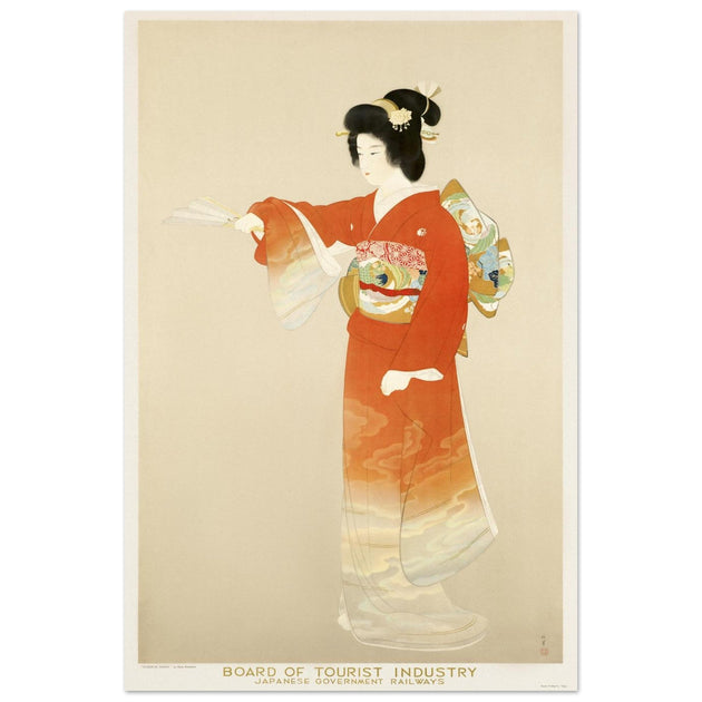 Japan vintage travel advertising poster. Japanese woman print in traditional clothing