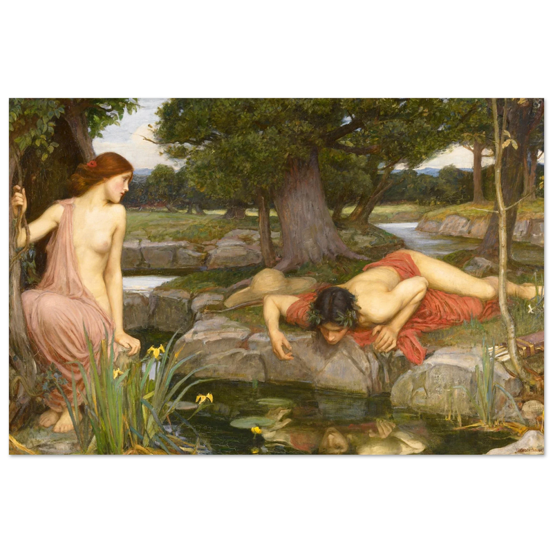 Echo and Narcissus by John William Waterhouse 1903.  from antique painting. Roman mythology.
