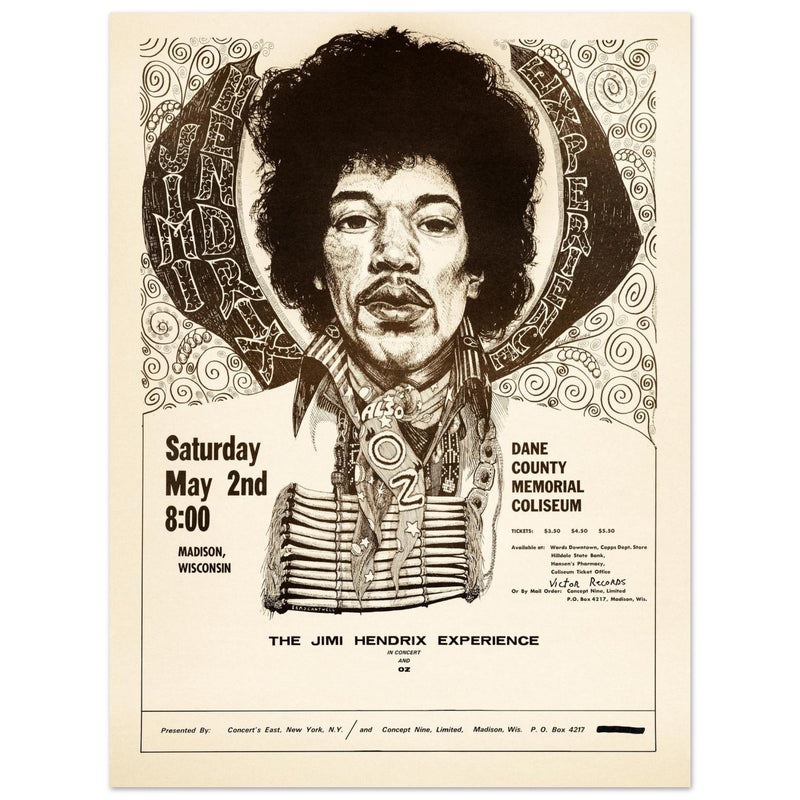 Jimy Hendrix vintage concert poster . Performance in Madison Wisconsin in 1970.