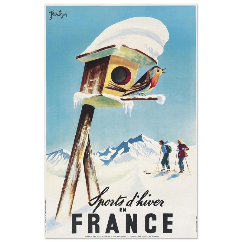 Winter sports in France. Vintage travel advertising poster promoting skiing and other leisure winter activities.