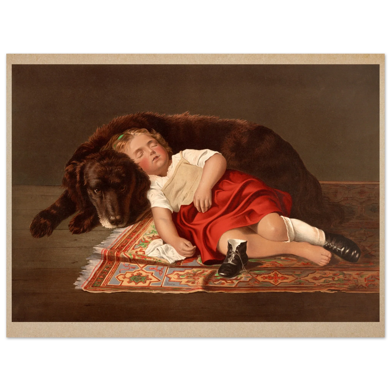 Young girl sleeping with her dog vintage poster reproduction 1871