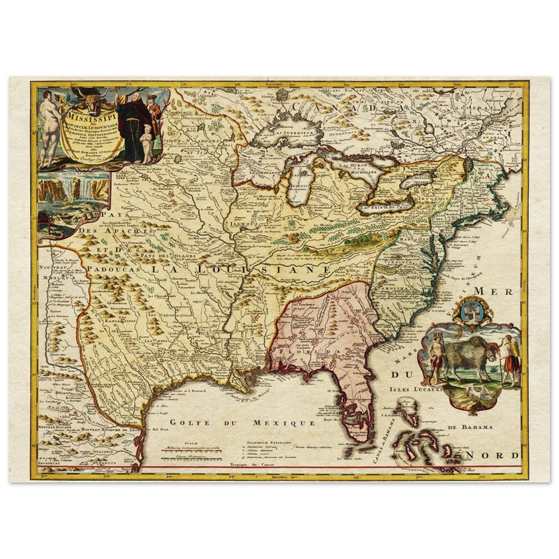 Ancient map of the United Stated Louisiana french region in 1687 by Johan Baptist Homann