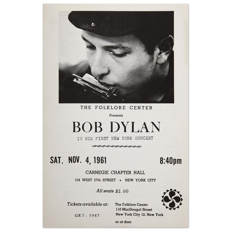 Bob Dylan concert poster in Carnegie Chapter Hall 1961.