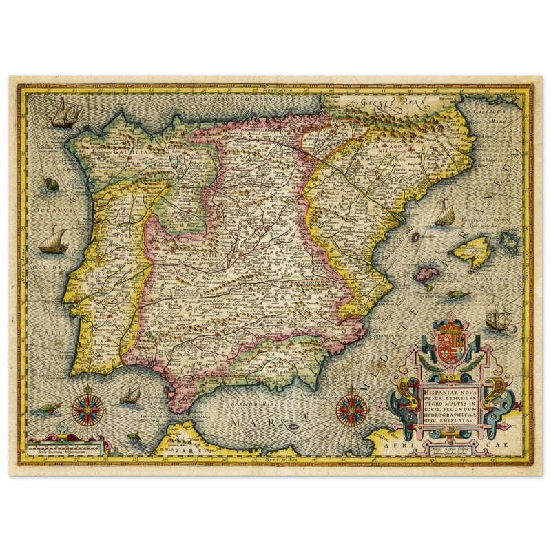 Ancient Spain and Portugal map. Iberian Peninsula cartography by Henricus Hondius.