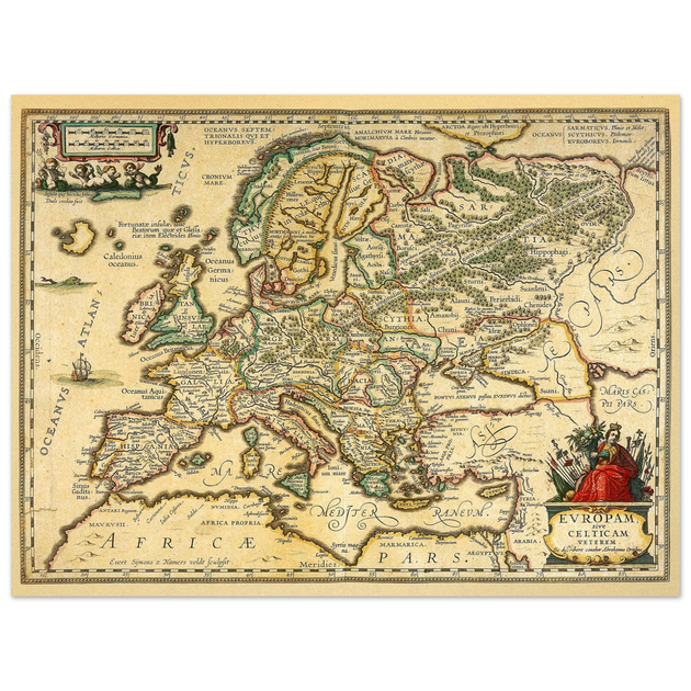 Ancient map of Europe print by Ortelius. Vintage old map reproduction poster..