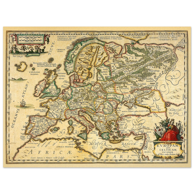 Ancient map of Europe print by Ortelius. Vintage old map reproduction poster..