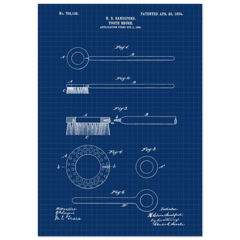 Toothbrush patent illustration by H E Sandiford.
