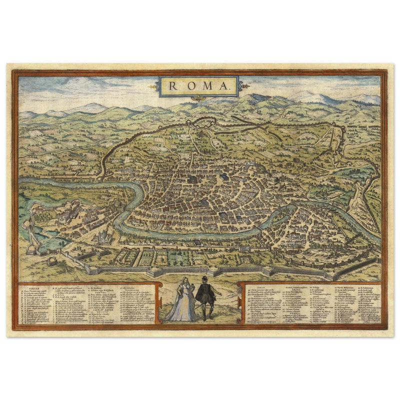 Ancient map of Rome with engravings by Georg Braun and Frans Hogenberg.