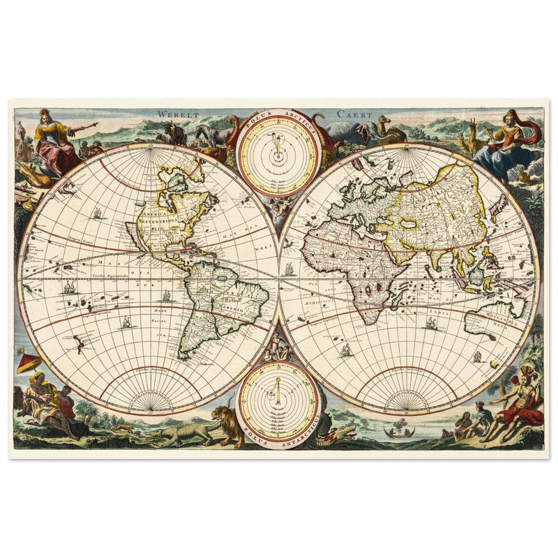 Ancient world map. Vintage double hemisphere cartography by Daniel Stoopendaal .