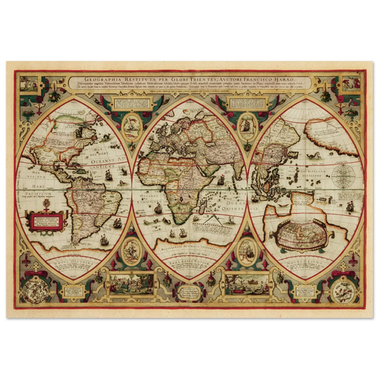 Ancient old world map of 1618. Geographica restituta per globi trientes by Franciscus Haraeus