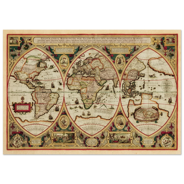 Ancient old world map of 1618. Geographica restituta per globi trientes by Franciscus Haraeus