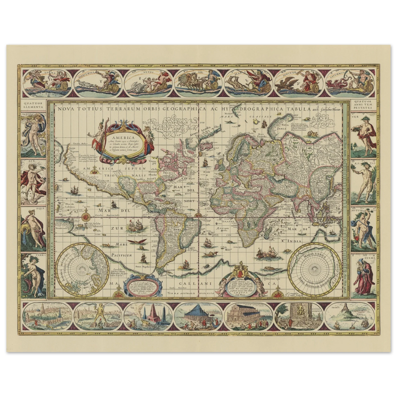 Old map of the world poster reproduction by Joan Blaeu XVII century