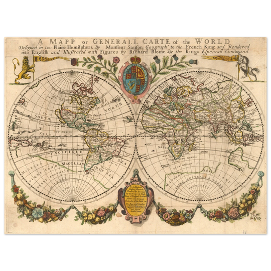 Antique world map poster reproduction by Richard Blome 1670