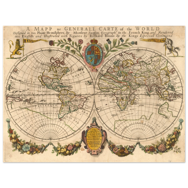 Antique world map poster reproduction by Richard Blome 1670