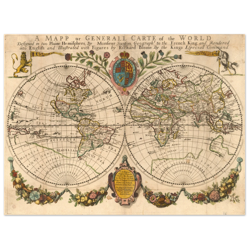 Antique world map poster reproduction by Richard Blome 1670