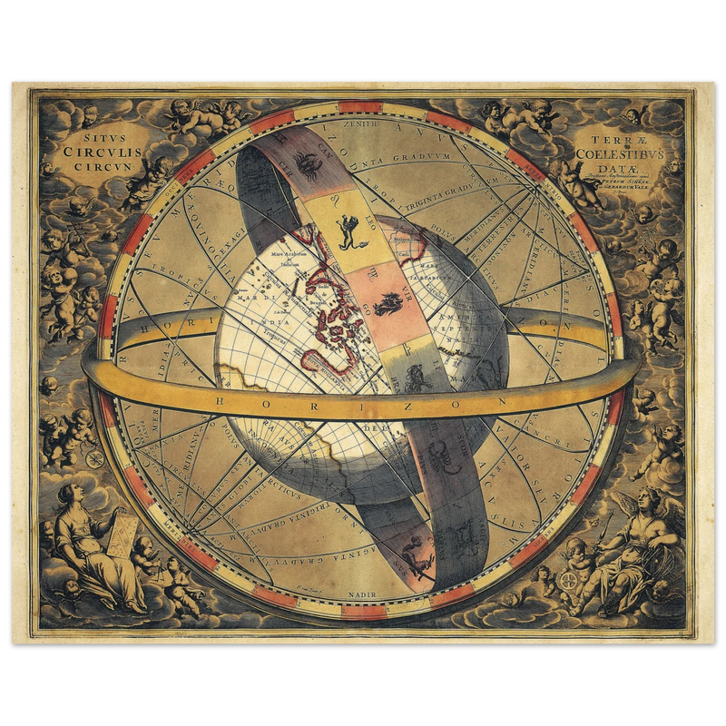 Ptolemaic map of the universe with the spherical earth. Celestial map. Situs Circulis Circun / Terrae Coelestibus Datae by Petrum Schenk