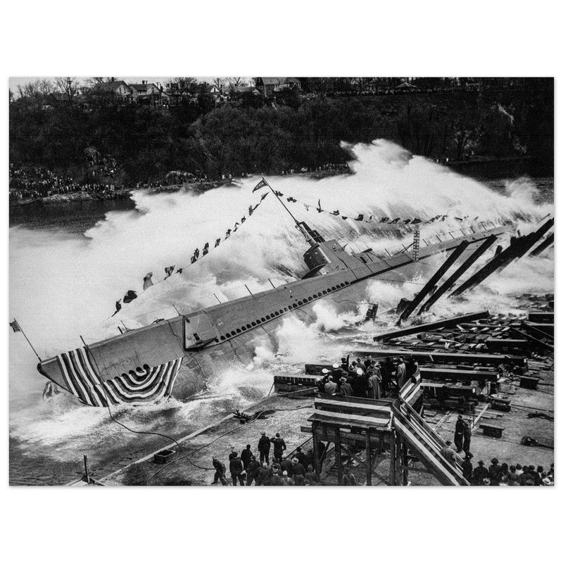 World War 2 black and white photograph. Launching of USS ROBALO warship.