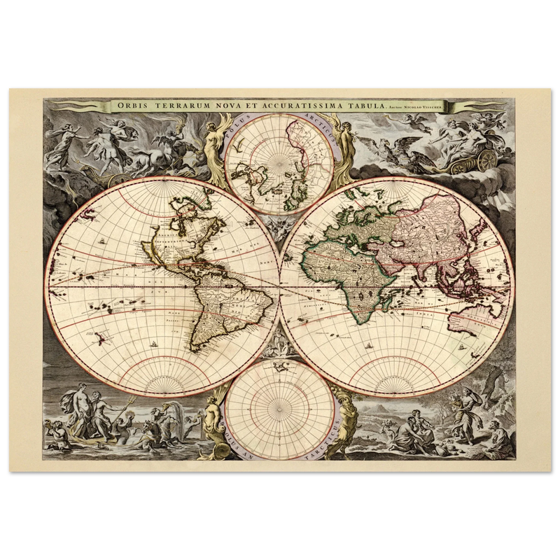 Antique world map print reproduction of the XVII Century. Orbis terrarum nova by Nicolaes Visscher II