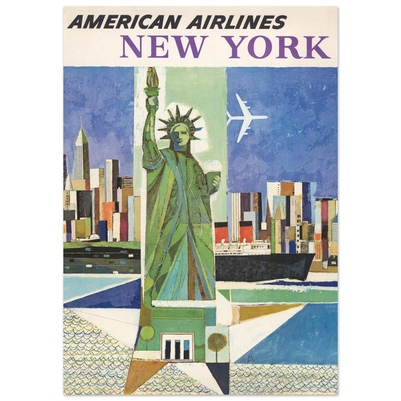 New York City vintage travel advertising poster for American Airlines. Statue of Liberty