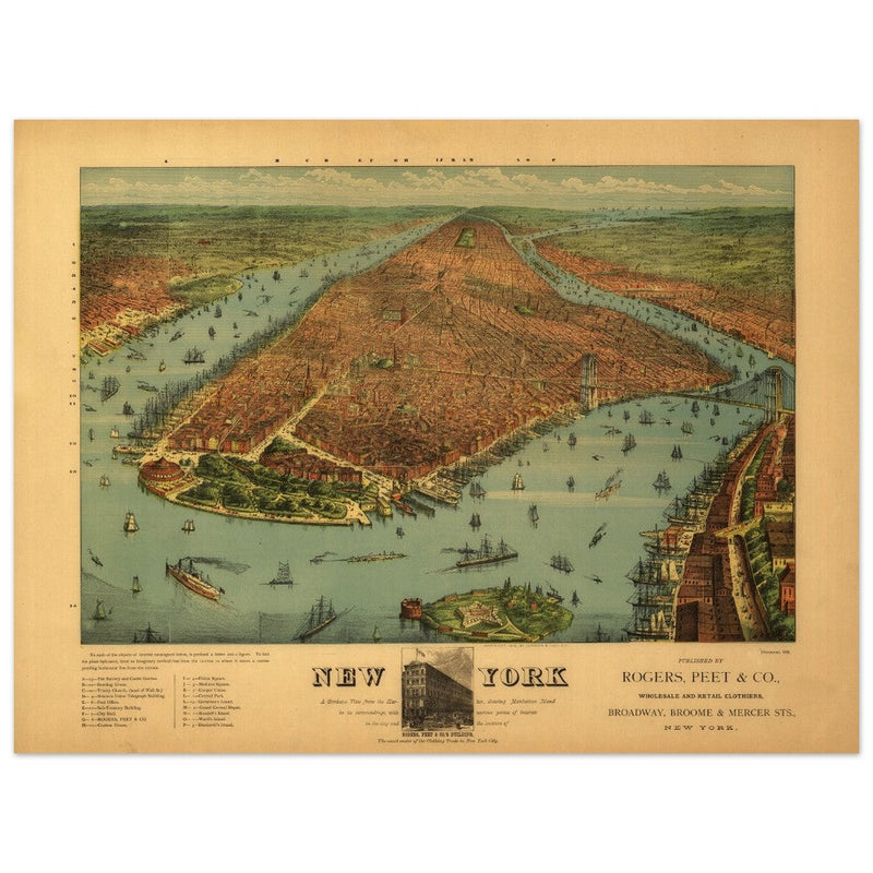 New York City aerial view vintage antique print. Old  with the bird's eye view of Manhattan.
