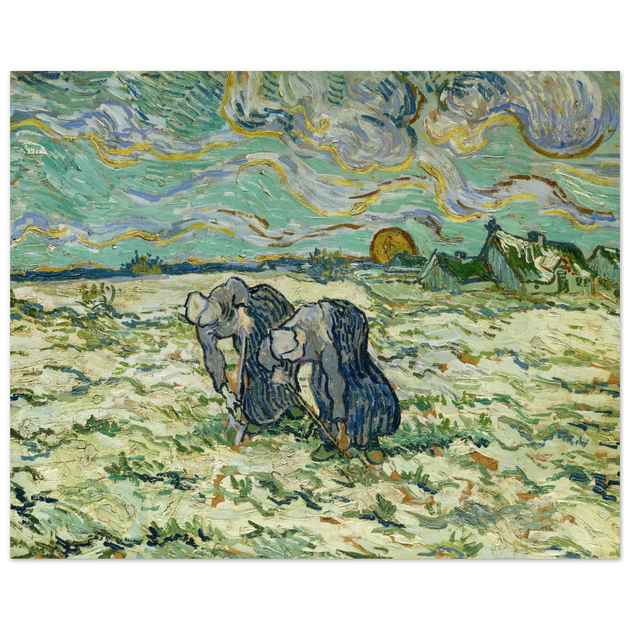 Two digging peasant women digging on a snow covered field by Vincent Van Gogh