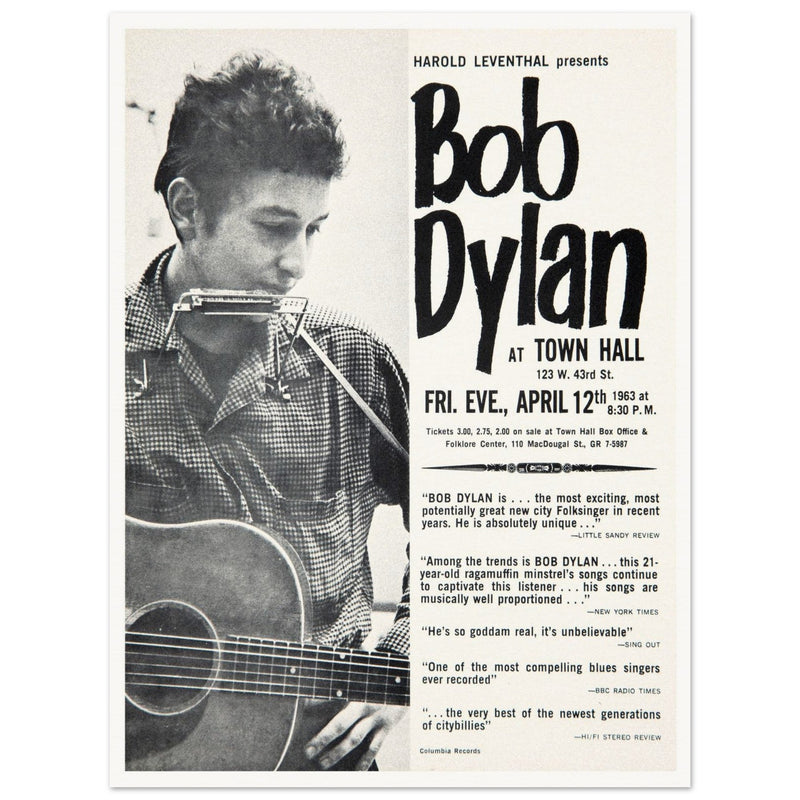 Bob Dylan concert poster Town Hall in New York City in 1963 performance.