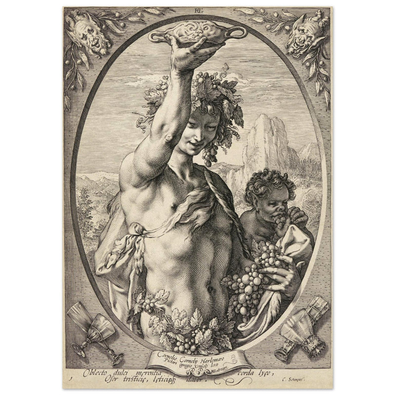 Bacchus in Half-Length by Hendrick Goltzius 1596. Roman God of wine vintage engraving .
