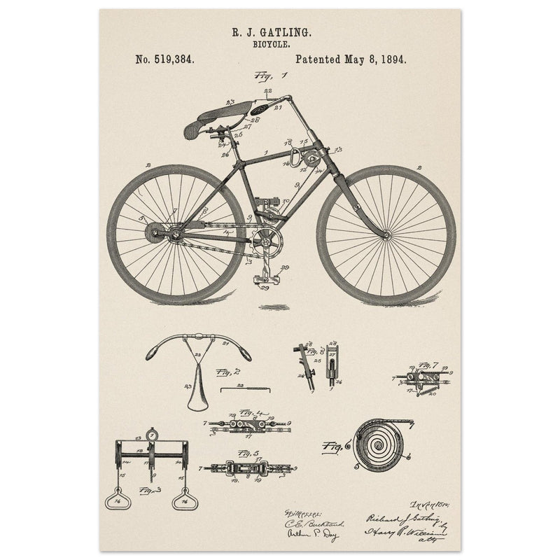 Vintage bicycle patent by Richard J Gatling 1894