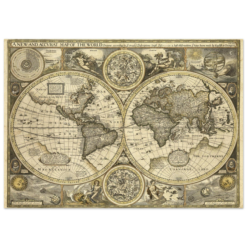 Old World map 1626. John Speed famous double hemisphere cartography with beautiful illustrations.