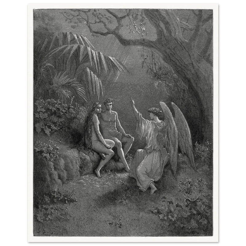 Gustave Dore Paradise Lost engraving . Archangel Rapahel with Adam and Eve in Eden.