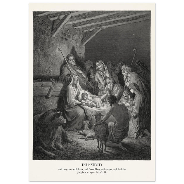 Gustave Dore The Bible engraving print . The Nativity illustration . The birth of Jesus Christ in Bethlehem