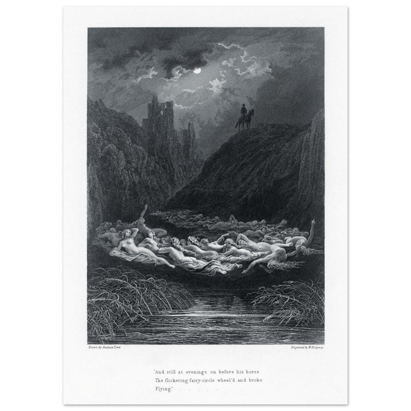 Gustave Dore illustration of King Arthur legend . The Fairy Circle. From the book Idylls of the King by Alfred Tennyson.